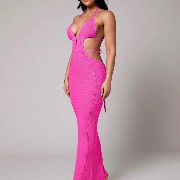 Hot Pink Sexy Women's Crochet Deep V-Neck Hollow Slit Mid-Length Dress - Picture 4 of 8